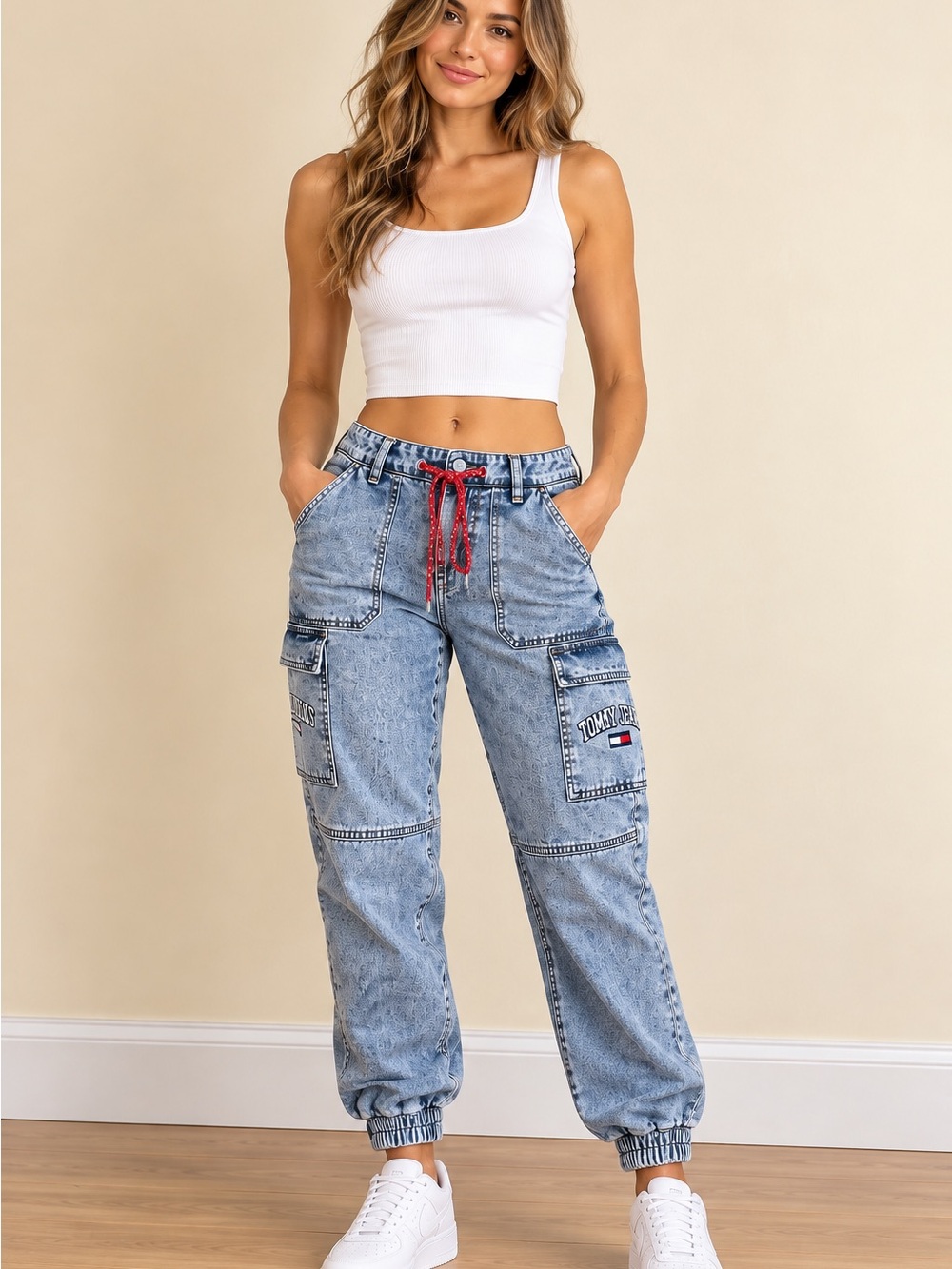 Tommy Jeans Women’s 28 Cargo Jogger Jeans NWT Acid Wash Utility Denim
